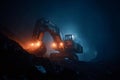 Excavator digging coal in open pit quarry at night Royalty Free Stock Photo