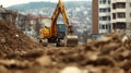 Excavator digging on construction site between buildings, moving earth and preparing terrain for new foundations Royalty Free Stock Photo