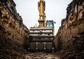 Excavator digging a deep trench in the earth on a construction site Royalty Free Stock Photo