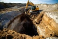 Excavator digging deep trenches or excavating a foundation for a building on construction site, Generative AI