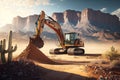 excavator digging in the desert, with mountains in the background