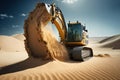 excavator digging into desert sand, with endless dunes in the background Royalty Free Stock Photo