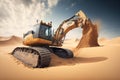 excavator digging into desert sand, with endless dunes in the background Royalty Free Stock Photo