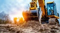 Excavator digging dirt at construction site during sunset Royalty Free Stock Photo