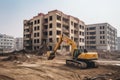 excavator digging into dirt, with unfinished building in the background