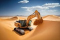 excavator digging into the sand dunes of desert, with a view of endless dunes in the background Royalty Free Stock Photo