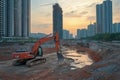 Excavator Digs at Construction Site under Sunset Sky, Urban Development Theme Royalty Free Stock Photo