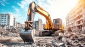 Excavator dismantles concrete and brick structures at waste collection site under bright blue sky Royalty Free Stock Photo
