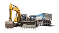 Excavator, dump truck and bulldozer loader close-up on a white isolated background.Construction equipment for earthworks.