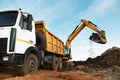 Excavator and dumper at loading