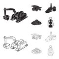 Excavator, dumper, processing plant, minerals and ore.Mining industry set collection icons in black,outline style vector