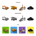 Excavator, dumper, processing plant, minerals and ore.Mining industry set collection icons in cartoon,flat,monochrome