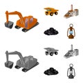 Excavator, dumper, processing plant, minerals and ore.Mining industry set collection icons in cartoon,monochrome style