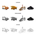 Excavator, dumper, processing plant, minerals and ore.Mining industry set collection icons in cartoon,outline,monochrome