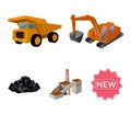 Excavator, dumper, processing plant, minerals and ore.Mining industry set collection icons in cartoon style vector