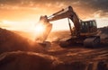 Excavator on earthmoving at open pit mining on sunset. Backhoe digs sand and gravel in quarry. Royalty Free Stock Photo
