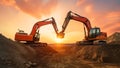 Excavator on earthmoving at open pit mining on sunset. Backhoe digs sand and gravel in quarry. Royalty Free Stock Photo