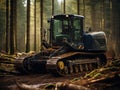 Excavator Grapple during clearing forest for new development. Deforestation using tracked vehicles. A tractor stands