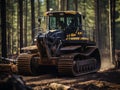 Excavator Grapple during clearing forest for new development. Deforestation using tracked vehicles. A tractor stands