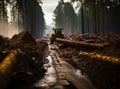 Excavator Grapple during clearing forest for new development. Laying a new road in a pine forest.