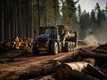 Excavator Grapple during clearing forest for new development. Laying a new road in a pine forest. Tractor-trailer during Royalty Free Stock Photo