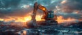 Excavator and heavy equipment at a construction site during sunset. Concept Construction Site, Excavator, Heavy Equipment, Sunset Royalty Free Stock Photo