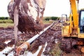 Excavator Holding Pipeline on Swamp