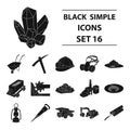 Excavator, jackhammer, helmet and other items for the mine. Mine set collection icons in black style vector symbol stock