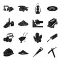 Excavator, jackhammer, helmet and other items for the mine. Mine set collection icons in black style vector symbol stock