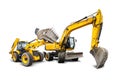 The excavator and loader are positioned in an isolated space, highlighting their design and colors against a clean background, Royalty Free Stock Photo