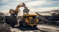 Excavator loading a dump truck at an open pit mine Royalty Free Stock Photo