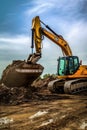 excavator loading soil onto a dump truck at a site