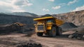 Excavator loads rock formation into the back of a heavy mining dump truck. Large quarry dump truck. Royalty Free Stock Photo