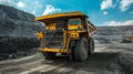 Excavator loads rock formation into the back of a heavy mining dump truck. Large quarry dump truck. Royalty Free Stock Photo