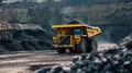 Excavator loads rock formation into the back of a heavy mining dump truck. Large quarry dump truck. Royalty Free Stock Photo