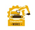 Excavator logo. Construction site. Special equipment. Against the background of the gear. Vector illustration. Flat Royalty Free Stock Photo