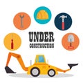 Excavator machine with under construction icon Royalty Free Stock Photo