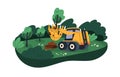 Excavator machine uprooting, removing, digging out and lifting tree with root. Plant removal, preparing area for