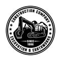 Excavator and mountains vector round black emblem Royalty Free Stock Photo