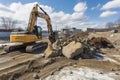 excavator moving large rocks and debris in construction site