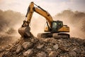 Excavator Moving Large Rocks On Dusty Construction And Mining Site Royalty Free Stock Photo