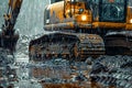 Excavator in Muddy Construction Site During Rain. Generative AI Royalty Free Stock Photo