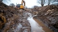 Excavator in muddy trench with track marks on a construction site. Royalty Free Stock Photo
