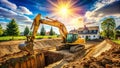 Excavator Prepares Foundation for Modern Home Construction Mastering Composition with the Rule of Thirds in a Crucial Royalty Free Stock Photo
