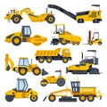 Excavator road construction vector digger or bulldozer excavating with shovel and excavation machinery illustration set