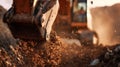 Excavator digging dirt at a construction site during sunset with dust swirling in the air Royalty Free Stock Photo