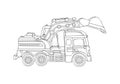 Excavator, side view. Commercial vehicles. Heavy special transport for construction works. Wheeled powerful excavator. Sketch