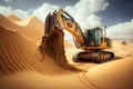 excavator surrounded by towering dunes in the desert