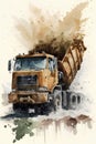 Excavator tractor on a construction site. Watercolor illustration.