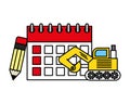 excavator truck and labor calendar and pencil